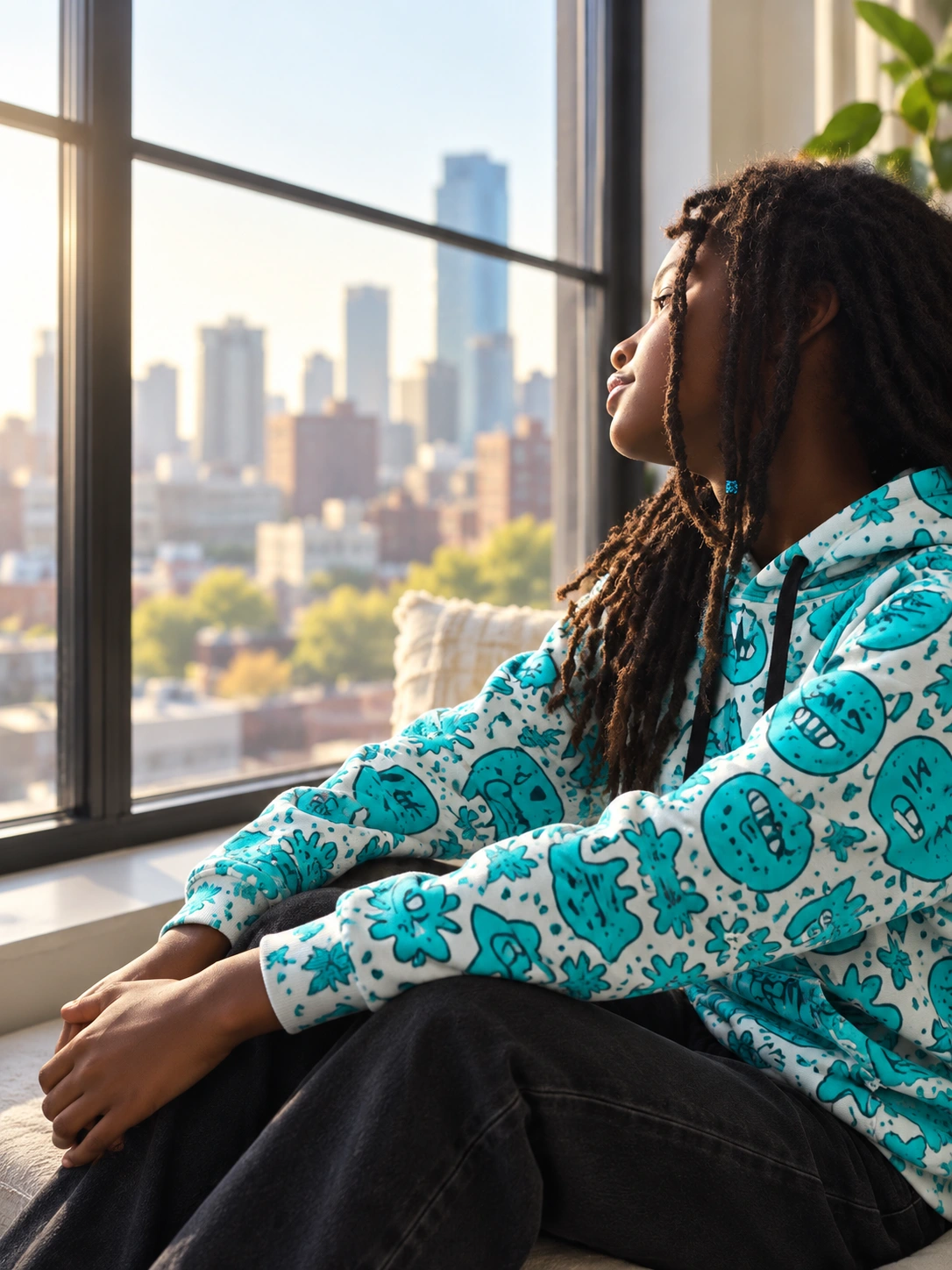 Blue Frequency cyan-and-white hoodie modeled in a sunlit city loft