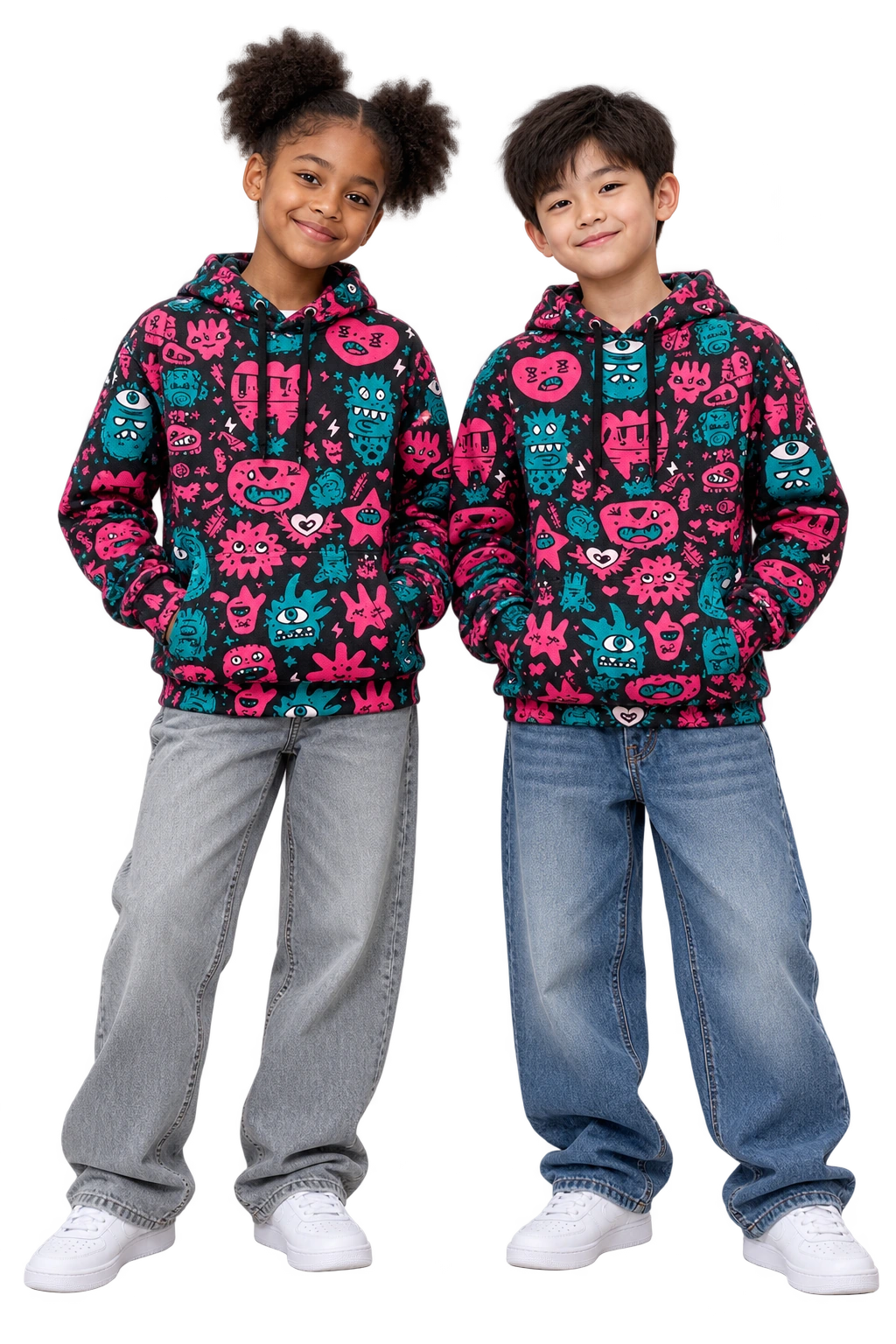 Kids modeling black-pink-cyan Night Signal creature hoodies