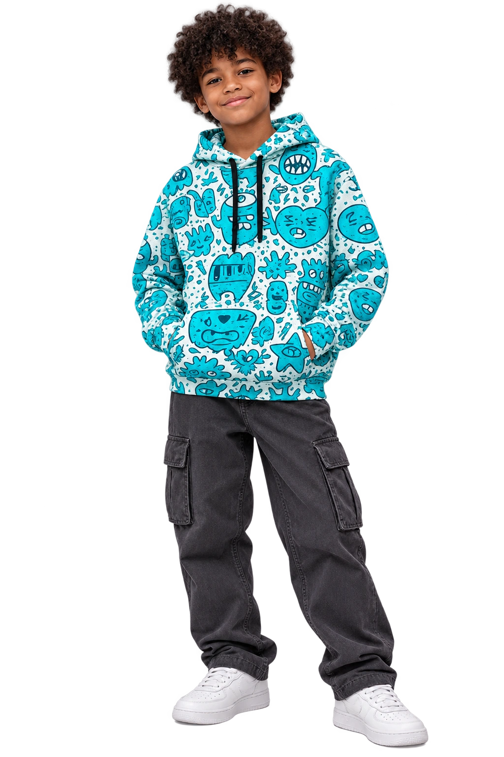 Young model wearing the cyan-and-white Blue Frequency hoodie